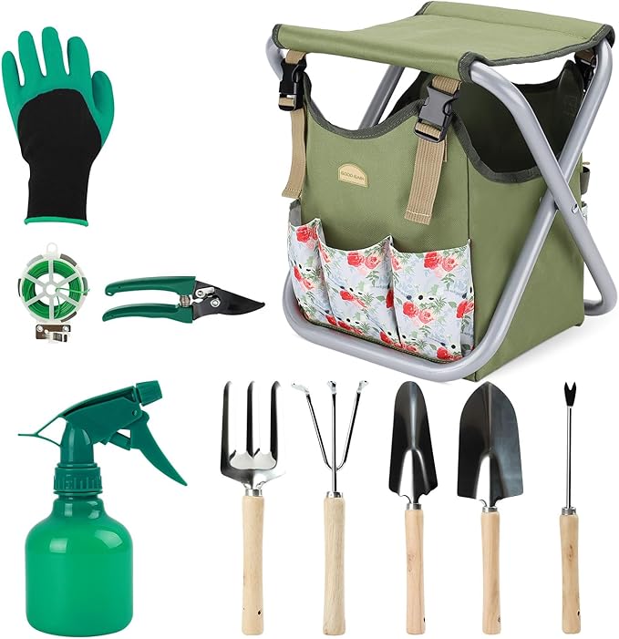 G GOOD GAIN 12-Piece Garden Tool Set with Folding Stool